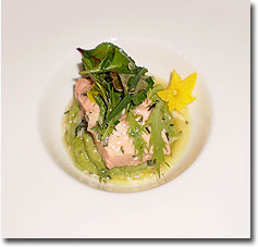Poached Wild Salmon on Fava Bean Puree with Tarragon Beurre Blanc and Herb Salad