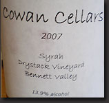 2007 Cowan Cellars Bennett Valley Syrah Dry Stack Vineyard